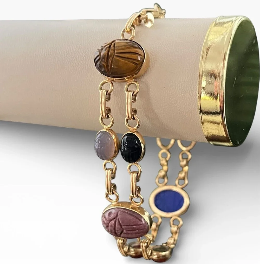 Vintage Carla 14k Yellow Gold Two Strands Multi Gemstone 10 Scarab Bracelet 7